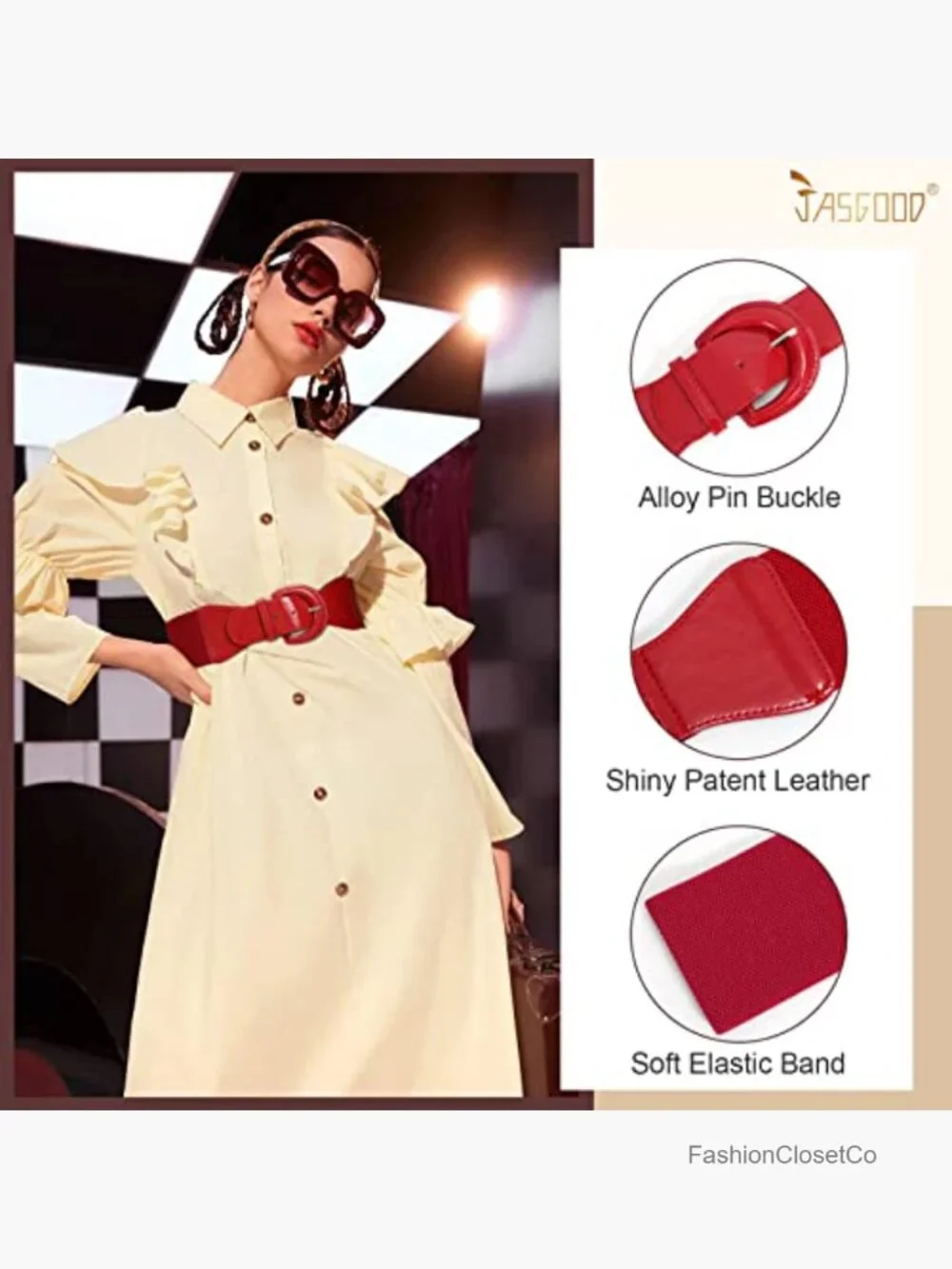 Wide Stretch Belt, Vintage Chunky Buckle Elastic Patent Leather Belt for Dress